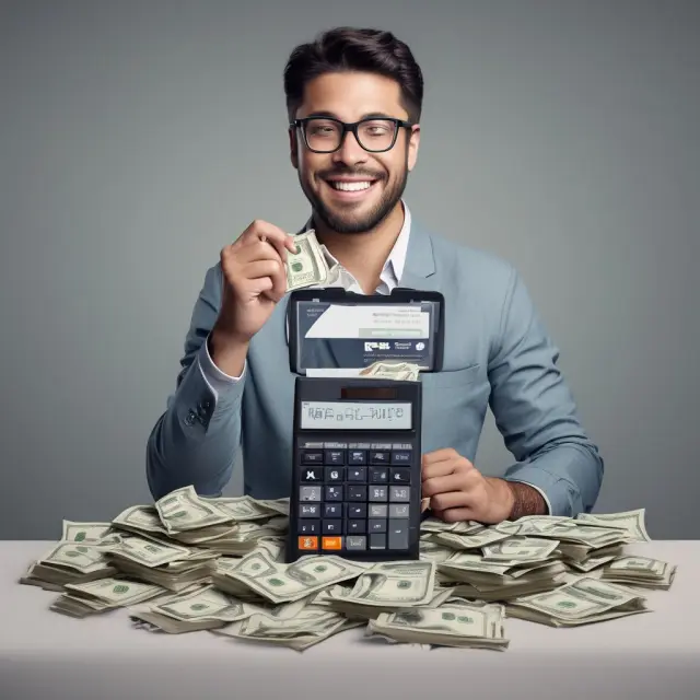 Person calculating gross earnings using a calculator next to stacked money for both gross and net earnings