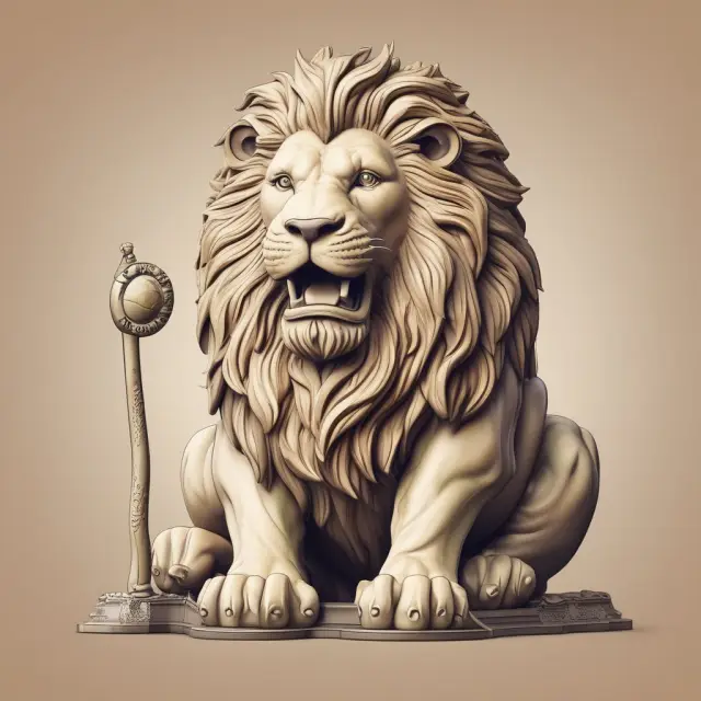 A golden lion assessing mortgage applications using credit scores, surrounded by documents representing income and debt
