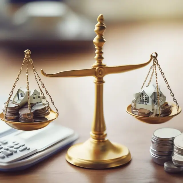 Balance scale with mortgage payment, property tax, insurance, utility expenses, and gross annual income weights to represent the GDS ratio calculation process