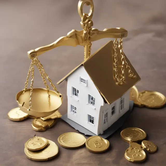 Golden scales show a delicate balance of housing expenses, including mortgage payments, within the desirable 28% threshold for a Gross Debt Service Ratio