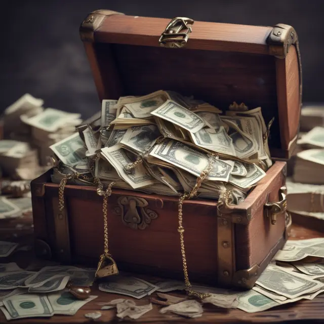 A large treasure chest filled with gold coins, stocks, bonds, real estate deeds, and bills representing various assets included in a gross estate evaluation.