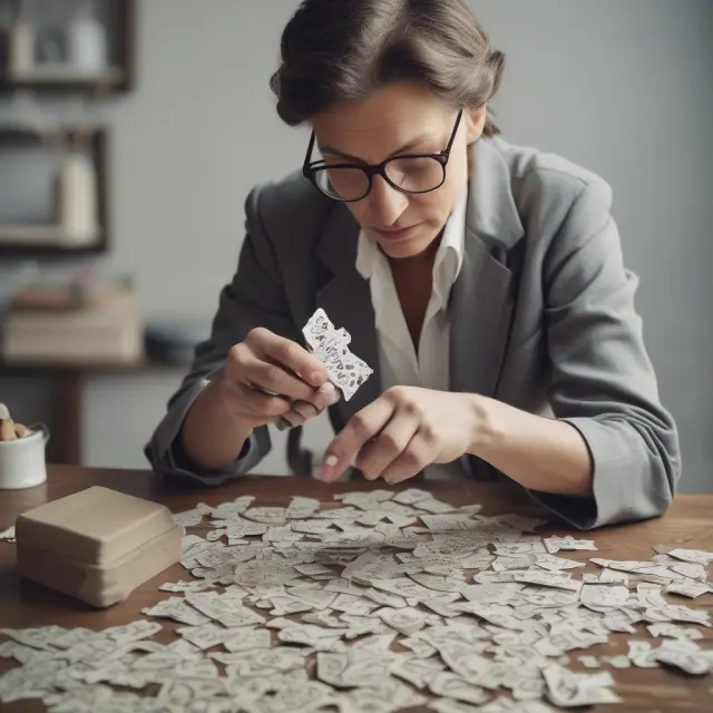 An executor meticulously working on a large puzzle representing the decedent