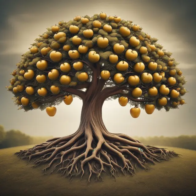 Golden apple tree symbolizing estate planning with roots representing trusts, charitable giving, and private foundations