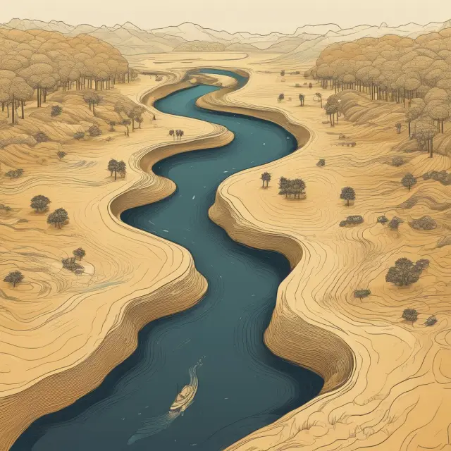 A golden river representing gross income transforming into a tranquil lake signifying adjusted gross income, illustrating the calculation process