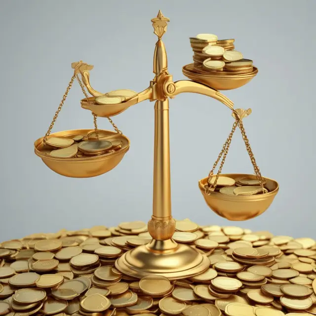 A set of golden scales filled with coins and notes representing diverse forms of income, emphasizing the process of calculating individual gross income.