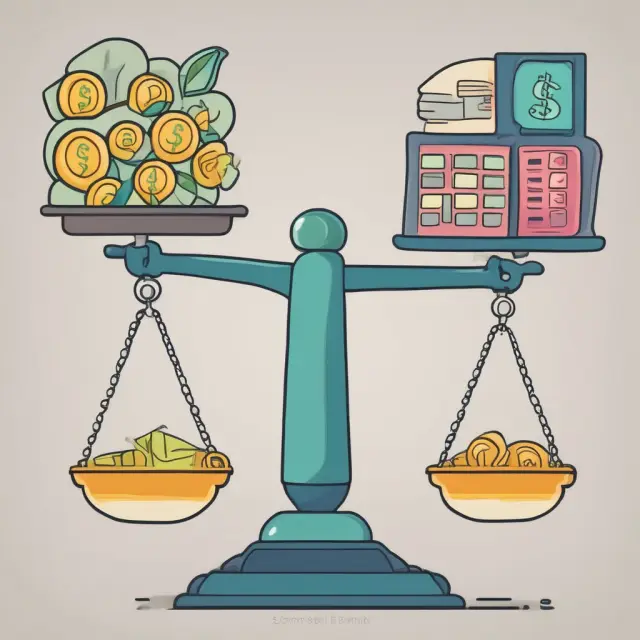 A balanced scale with income sources represented by a person
