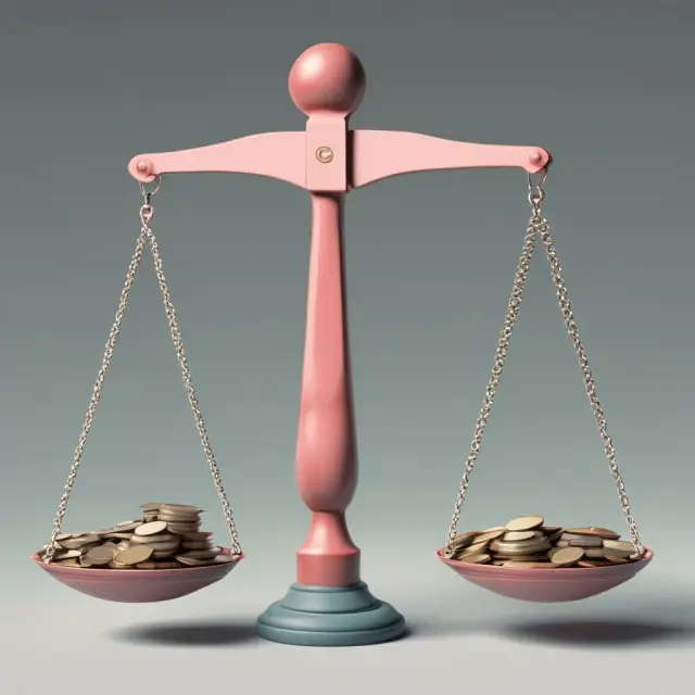 A balanced scale has one side representing gross profit with a stack of coins symbolizing revenue and another side showing a percentage sign for gross margin