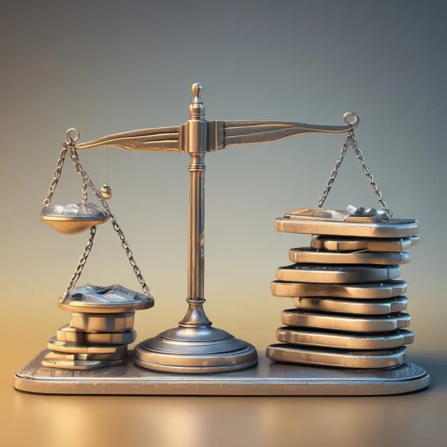 A gold-plated scale balances a bar chart representing revenues against a pile of silver ingots signifying cost of goods sold, illustrating the gross margin concept.