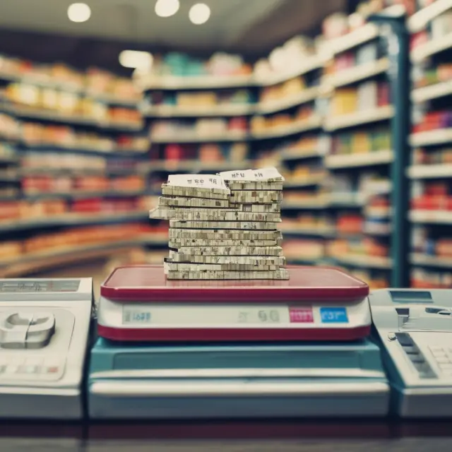 A retail scale with a pendulum oscillating between rising and declining gross sales figures