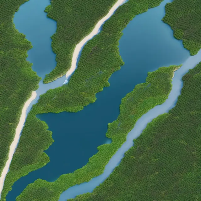 Two intertwining rivers merging into a serene lake - symbolizing the unification of gross sales and net sales for financial analysis.