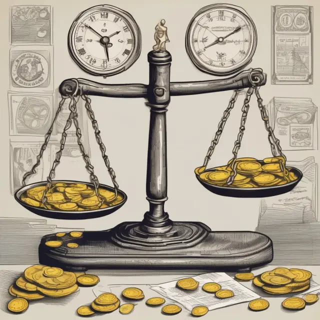 Visual representation of working capital management strategies: gold coins on scales for Accounts Receivable, anchors and ropes for Payables, hourglass illustrating Time.