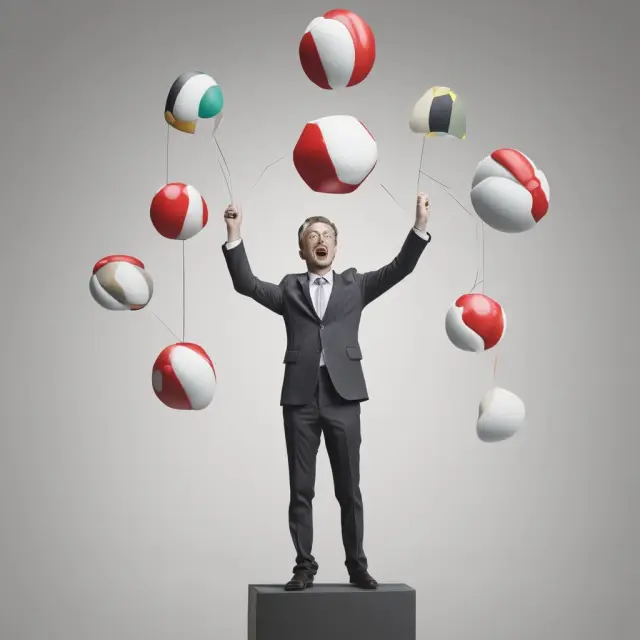 Juggler skillfully keeping current assets in balance: cash, accounts receivables, inventory, marketable securities