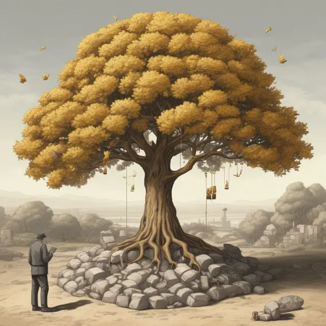 Golden tree with fruits symbolizing steady income and landlord standing nearby, representing control over property