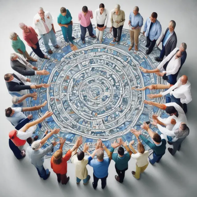 A diverse gathering of people forming a chain while surrounded by symbols representing healthcare services in a group health insurance context