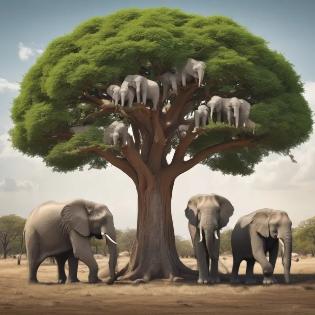 Five sturdy elephants symbolizing UnitedHealthcare, Anthem, Humana, Aetna, and Cigna provide comprehensive coverage for a thriving community tree