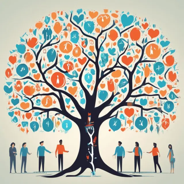 A group of individuals embracing a symbolic health insurance tree, representing the benefits and unity of group health insurance plans