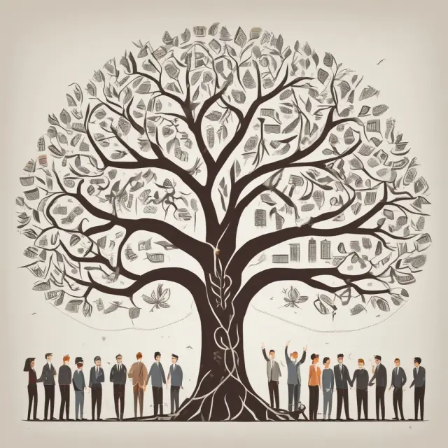 Employees gathered beneath a tree symbolizing the 