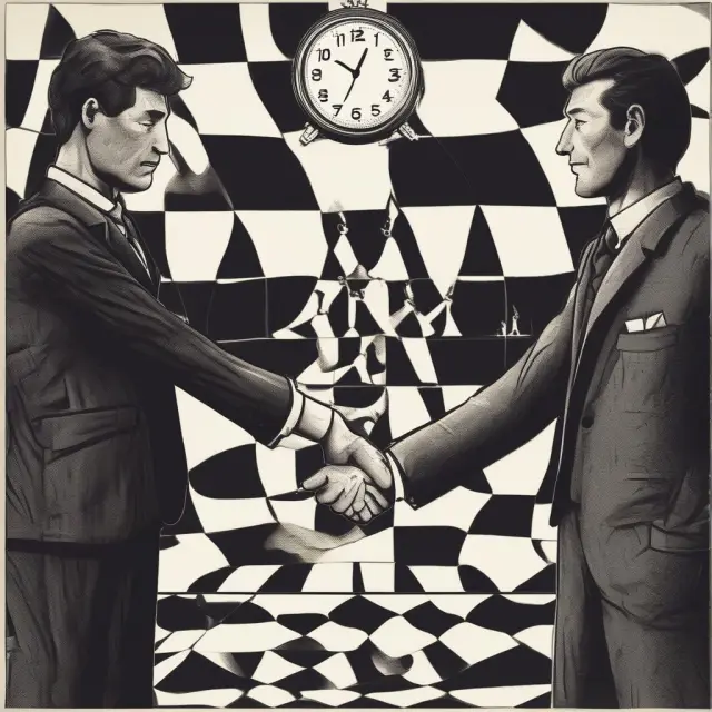 Two hands shaking over a chessboard, signifying group life insurance agreement; clock in background represents termination.
