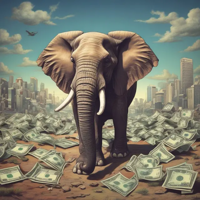An elephant, representing debt burden, disrupts the harmony of the G11 nations, impacting their export earnings, fiscal revenues, and economic growth