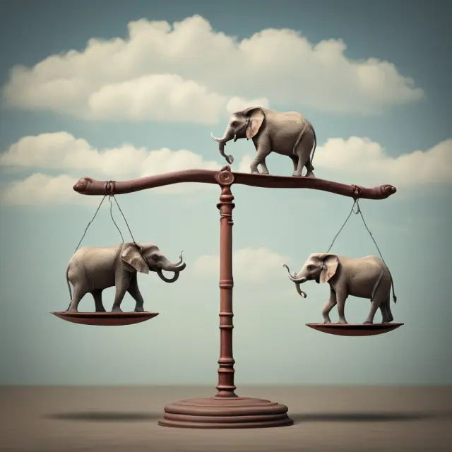 Elephants gracefully standing on a scale, symbolizing the delicate balance between managing debt burdens and fostering economic growth for G-11 countries