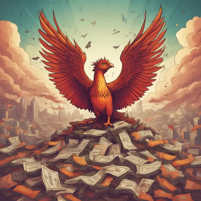 Phoenix rising from debt symbols, representing the transformation and growth of G-11 countries