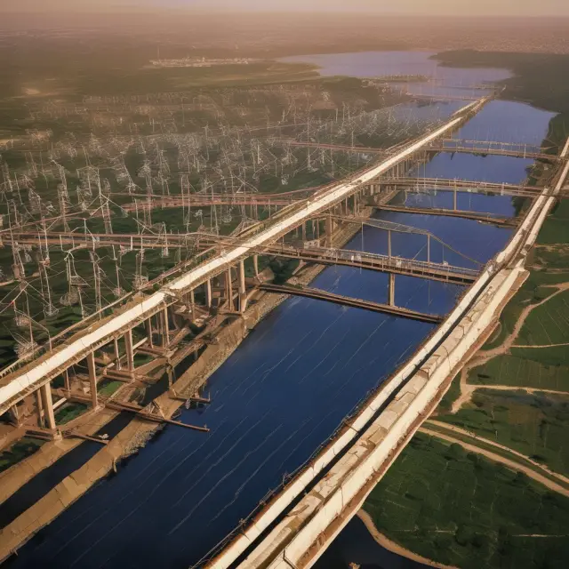 Two interconnected power plants representing Mexico and Venezuela, linked by a river flowing with oil under a bridge signifying their cooperation in energy trade.