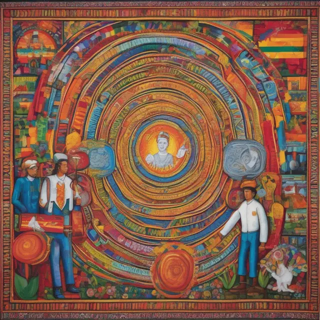Three countries collaborating on a tapestry, representing labor market integration, energy resource sharing, and geopolitical stability