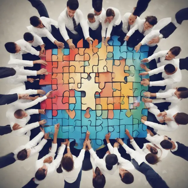 Employees forming a puzzle as a metaphor for group term life insurance, demonstrating base coverage for some being equivalent to their annual salaries