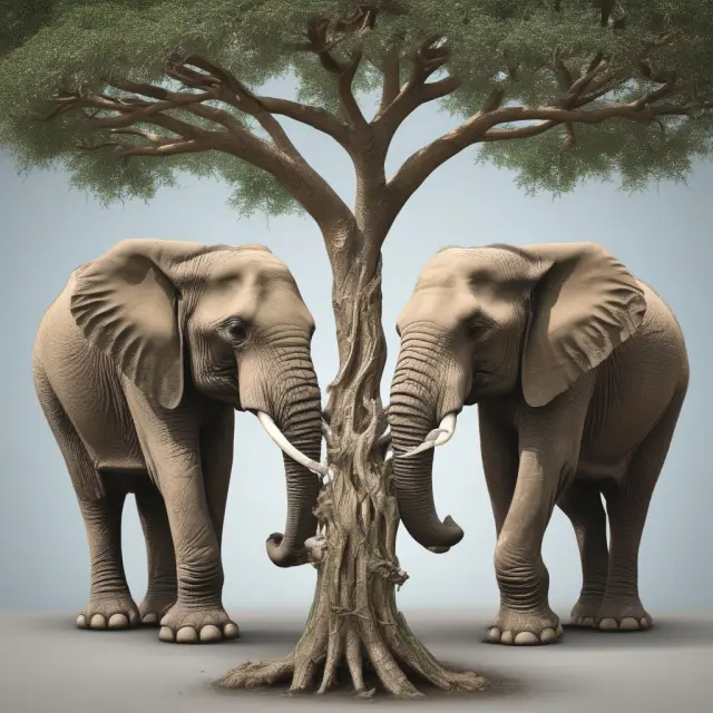 Two large elephants balancing a tree laden with interchangeable group and individual term life insurance policies