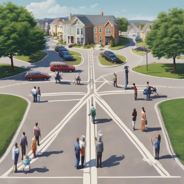 People pondering at a crossroads with three paths for life insurance types: group term life, permanent life, and AD&D.