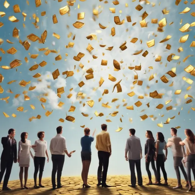 People in suits celebrating golden coin rain from a group universal life insurance policy, symbolizing cost savings and dividend potential.