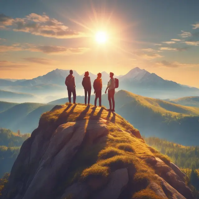 Comparison of term life, whole life, and group universal life insurance policies on a mountain, each highlighting its distinct features