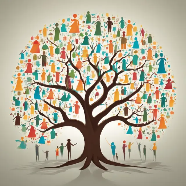 Employees gathered under a flourishing tree, with branches offering group universal life insurance policies
