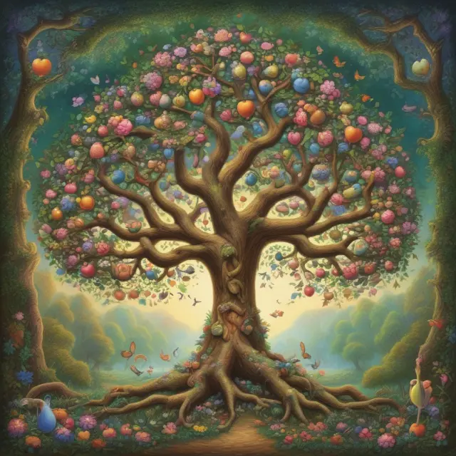 An enchanted tree adorned with three types of life insurance policies: term, whole, and group universal