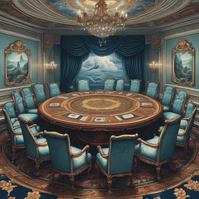 Ten chairs at a stormy table, symbolizing the G10 nations, discussing financial policies and cooperation during annual meetings.