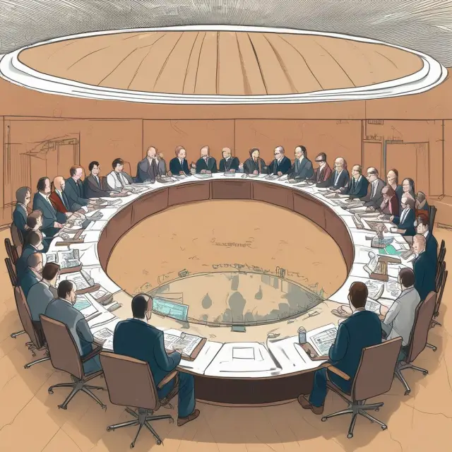 Ten figures symbolizing G10 countries discuss financial policies at a roundtable, fostering cooperation and stability in the international economy