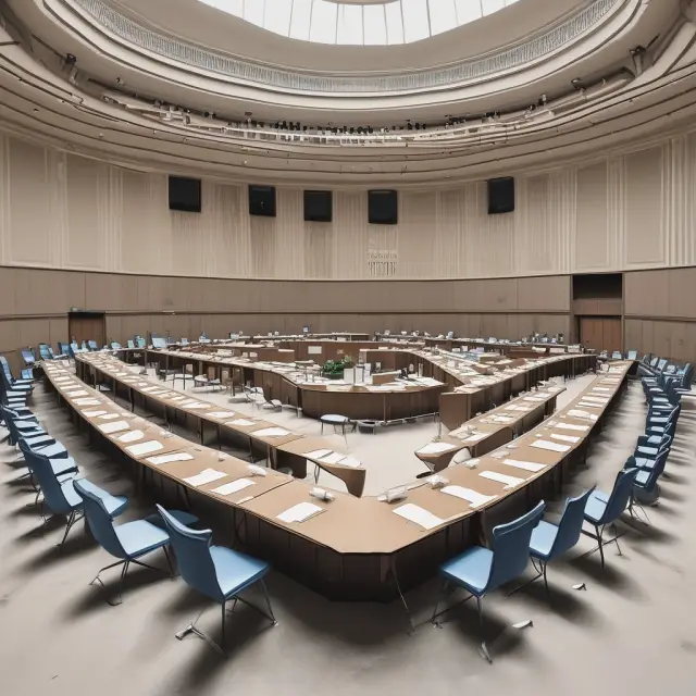 A long wooden table with ten empty chairs and protestors marching outside, symbolizing the lack of representation for developing countries in G10 meetings.