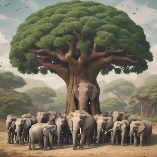 Elephants representing G10 members gather around a grand, ancient monetary tree, illustrating their influence on shaping the international financial landscape