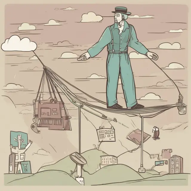 An entrepreneur balances on a tightrope, representing the challenge of optimizing Groupons for revenue while efficiently managing customer redemptions