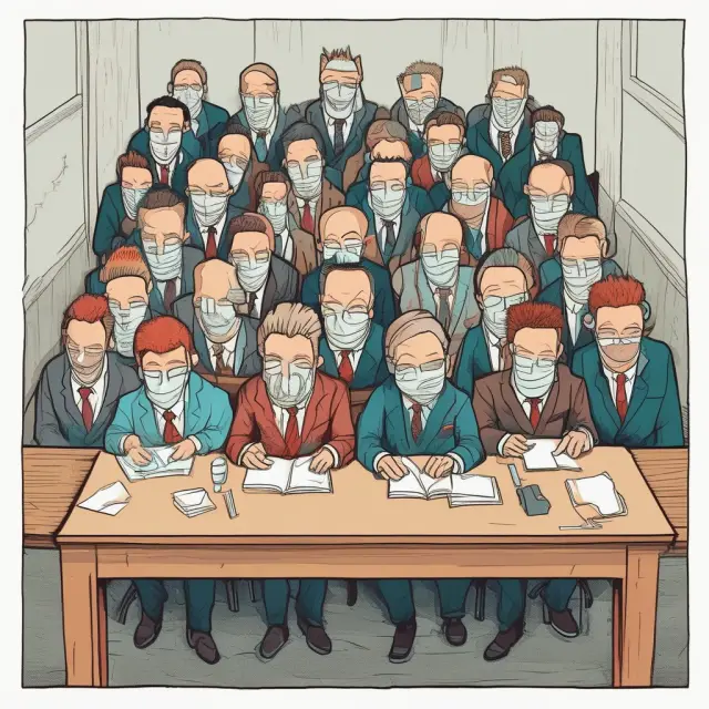 Group of people at a round table, all wearing masks symbolizing conformity and groupthink