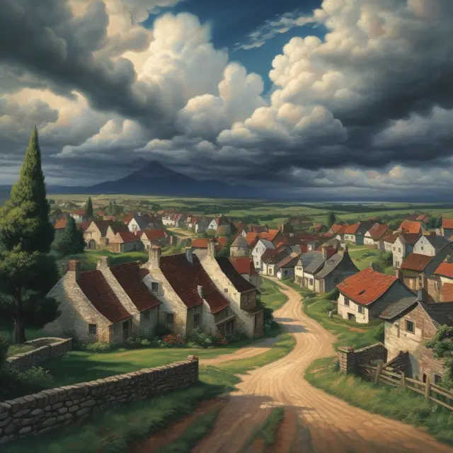 Storm clouds gathering around a seemingly peaceful village represents the illusions of unanimity within groupthink.