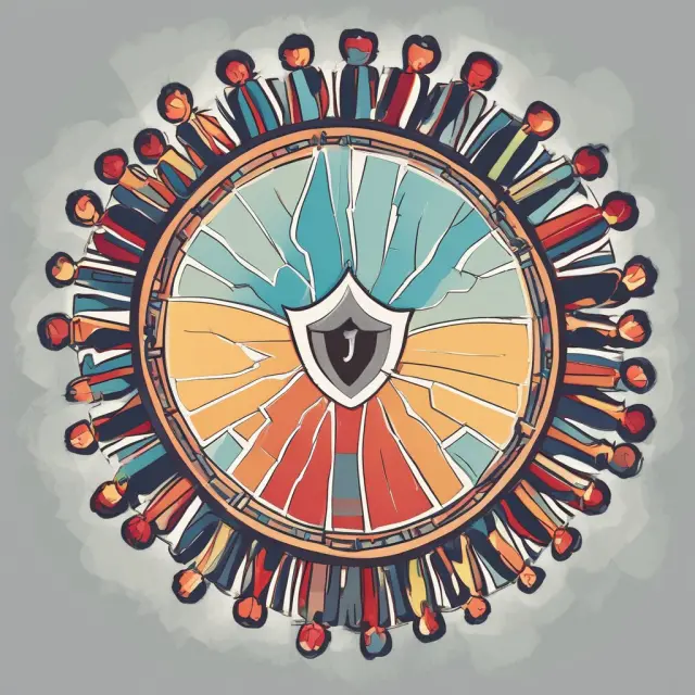A diverse group huddled around a powerful leader, their shield symbolizing unity and consensus, yet displaying cracks that hint at suppressed dissent