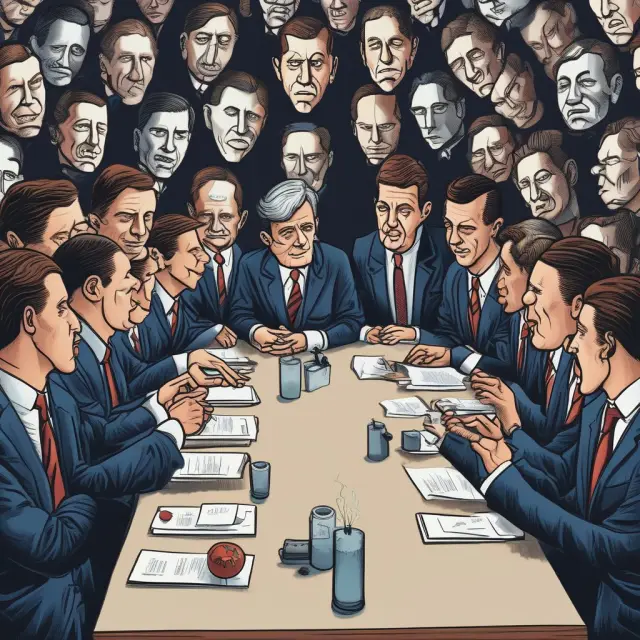 Leaders gathered around a table, their mirrored reflections showing consensus but concealing dissenting voices, illustrating the dangers of groupthink in business.