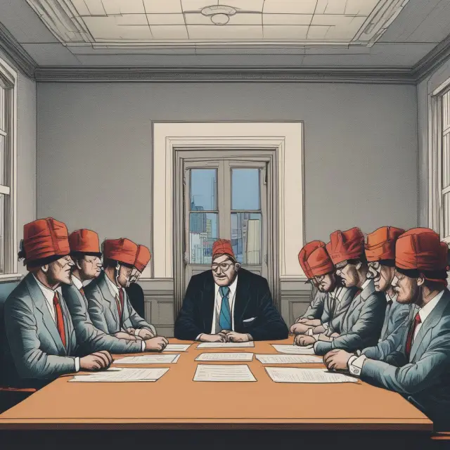 Seven blindfolded human heads in a conference room, representing the seven examples of groupthink in history