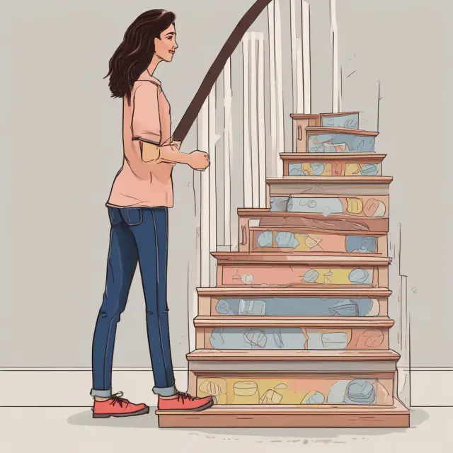 A homeowner ascending a stairway, each step represents a mortgage payment increasing in height symbolizing faster equity growth and lower interest costs with a growing-equity mortgage.