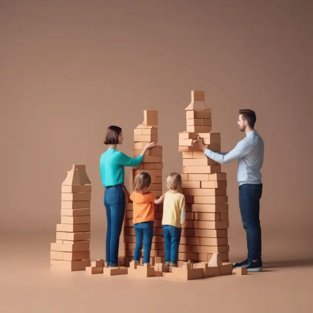 Family constructing a tall tower of bricks, representing each mortgage payment. Bricks grow in size as payments increase, signifying the accumulation of growing equity