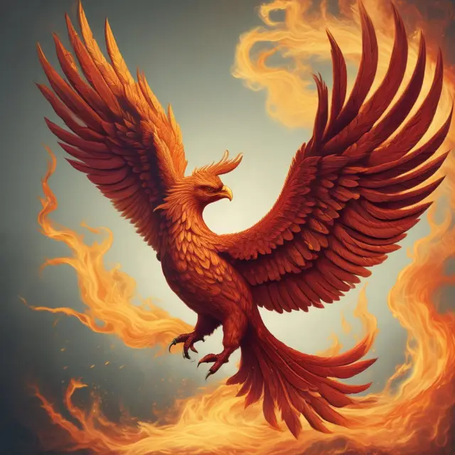 Phoenix bird ascending from growing-equity mortgage flames, representing investor wealth creation and transformation