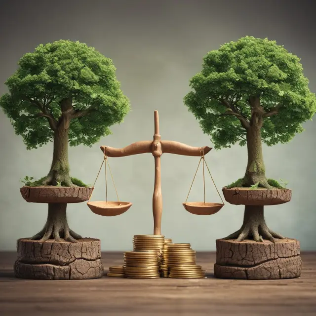 A balanced scale with branches symbolizing growth stocks and rooted tree trunks illustrating income-generating securities in a growth and income fund
