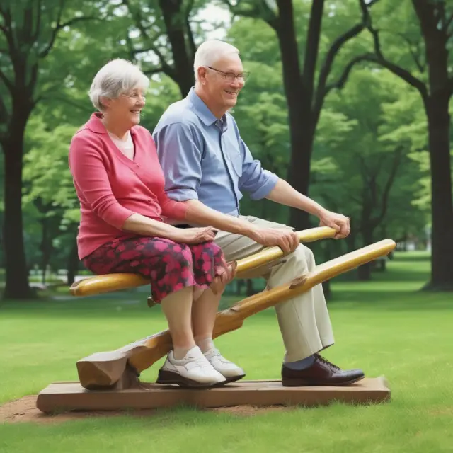 A retired couple balancing on a seesaw: One side symbolizes growth funds, while the other represents income funds, illustrating the balance needed for retirement