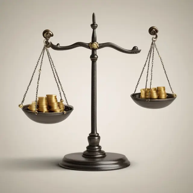 Golden scales balance growth (stocks) and income (bonds) investments. Risk tolerance and time horizon affect the weight of each side.